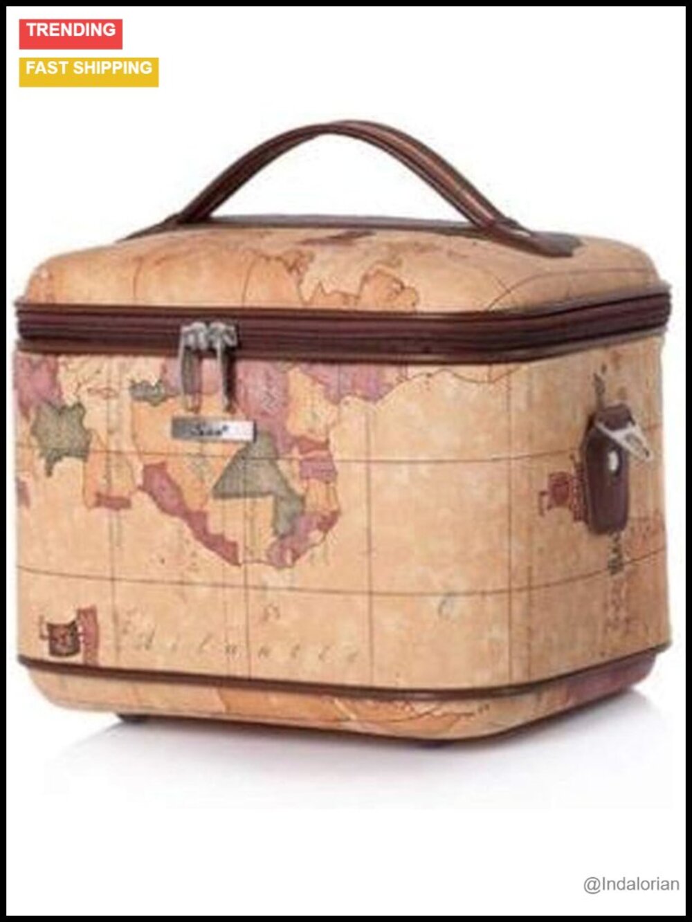 14 Inch PU Leather Cosmetic Case Large Travel Toiletry Bag Map Print Belt